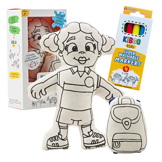 Kiboo Kids Soccer Series: Soccer Girl with Pigtails Doll - Colorable and Washable for Creative Play
