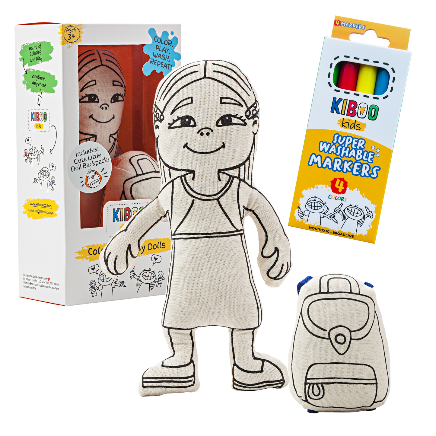 Kiboo Kids: Girl with Long Hair - Colorable and Washable Doll for Creative Play