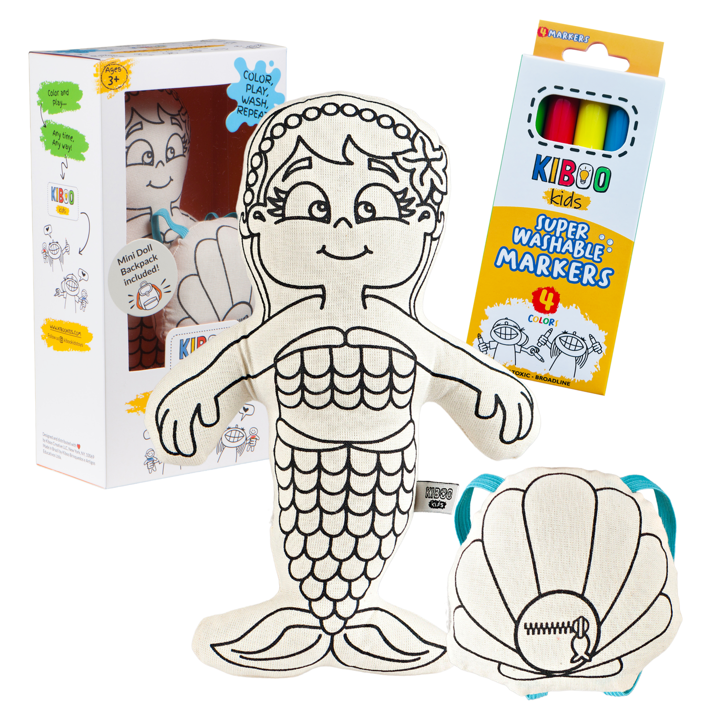 Kiboo Kids: Mermaid with Mini Shell Backpack - Colorable and Washable Doll for Creative Play