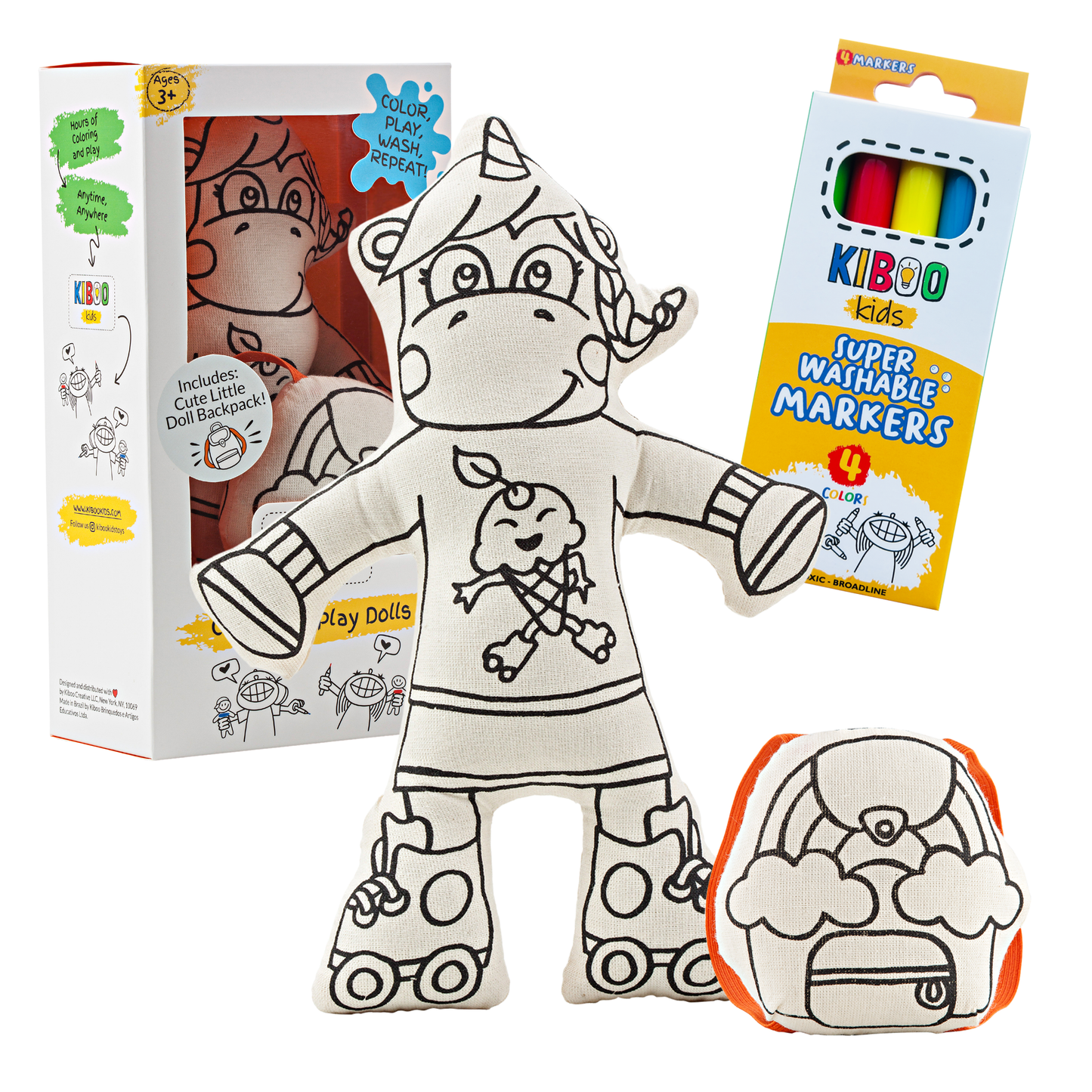 Kiboo Kids: Unicorn with Mini Rainbow Backpack - Colorable and Washable Doll for Creative Play