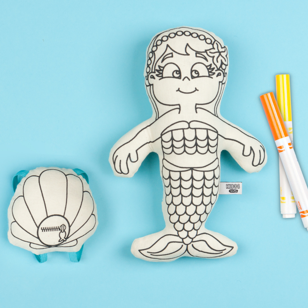 Kiboo Kids: Mermaid with Mini Shell Backpack - Colorable and Washable Doll for Creative Play